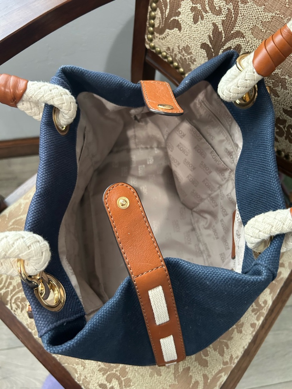 Michael Kors Marina Navy Blue Canvas Tote Bag - Picture 9 of 14
